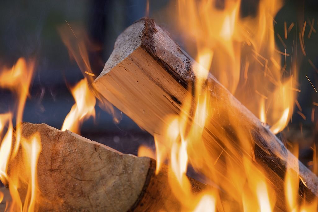 Petit tas de bûches en train de brûler, flammes visibles en gros plan