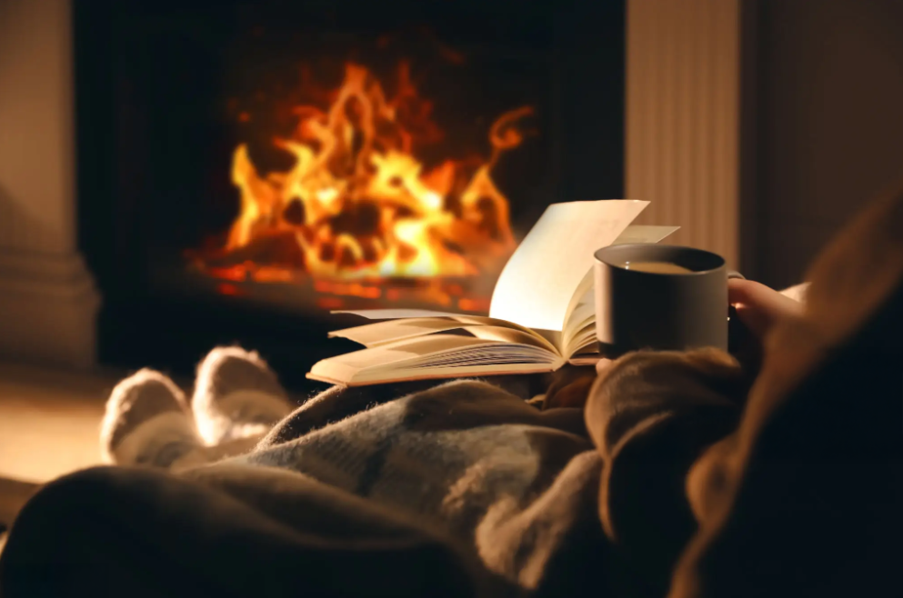 Personne installée confortablement devant un feu de cheminée avec du bois de chauffage